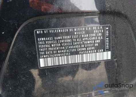 2013 Volkswagen Jetta Sportwagen 2.0L Tdi z USA, uszkodzony, nr VIN 3VWPL7AJ8DM692353